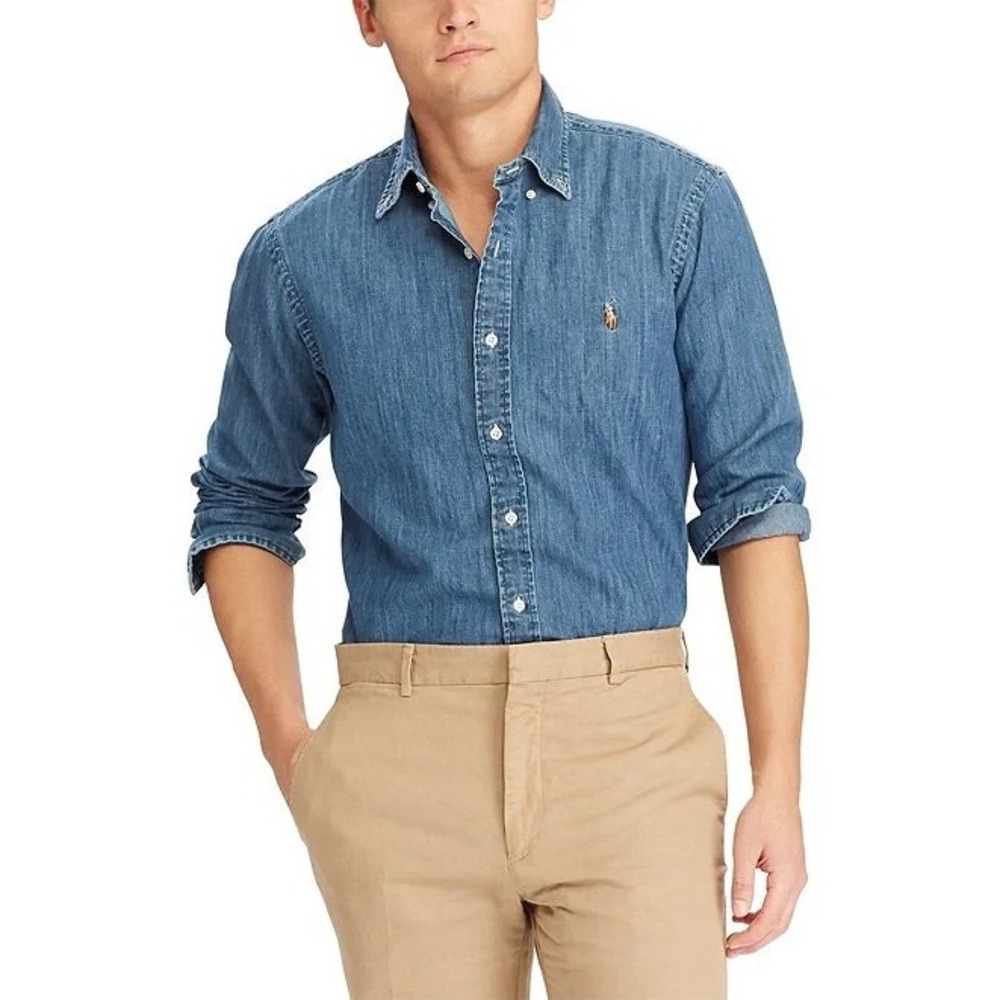 Ralph Lauren Classic Fit Long Sleeve Denim Cotton Button Down Shirt Blue XL